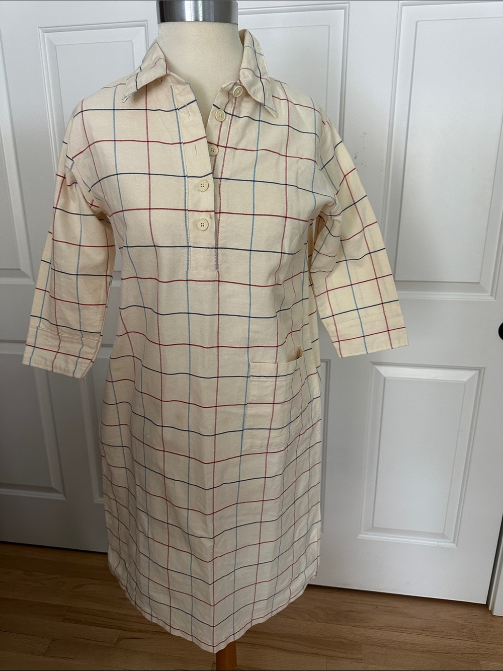Classic Cream Windowpane Shirt Dress — Casual Long Sleeve, Size XS